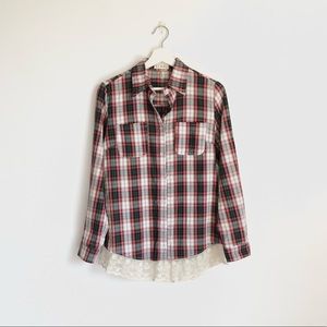 Etwo Red Green Plaid Navy Blue Sequin Elbow Lace Trim Button Up Shirt Size Small